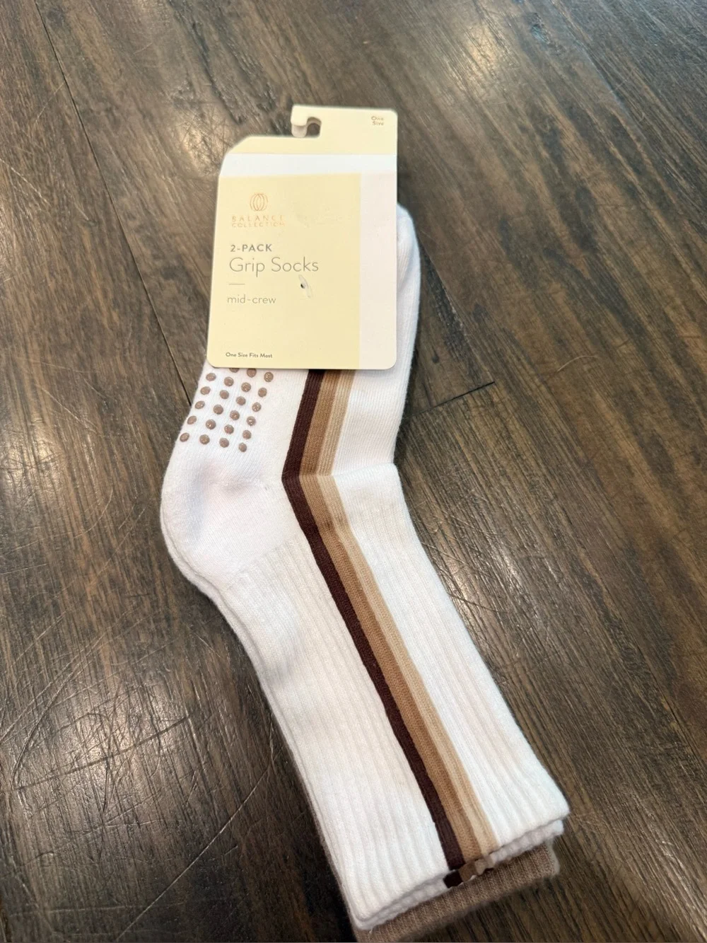 Balance Collection White Mid-Crew Grip Socks with Brown and Tan Stripes - 2-Pack